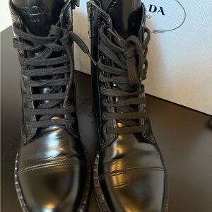 Prada Women's Shiny Black Combat Boots